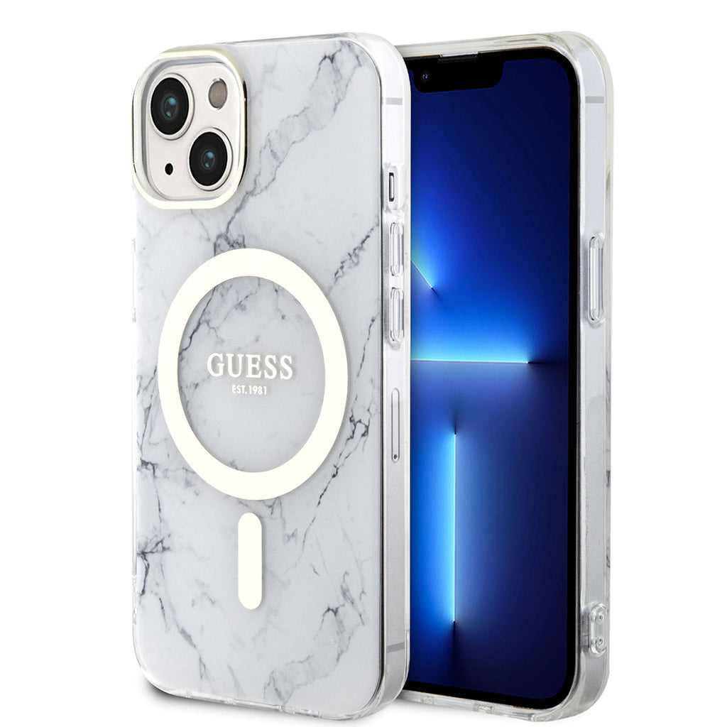 Apple iPhone 14 Plus Kılıf GUESS M-safe Şarj Özellikli Mermer Desenli Kapak Beyaz