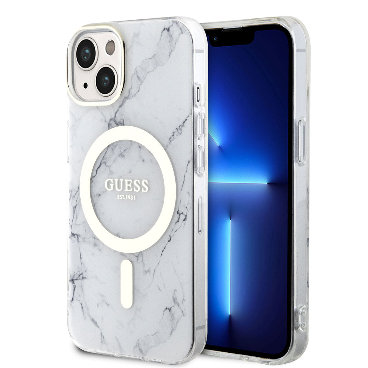 Apple iPhone 14 Plus Kılıf GUESS M-safe Şarj Özellikli Mermer Desenli Kapak Beyaz