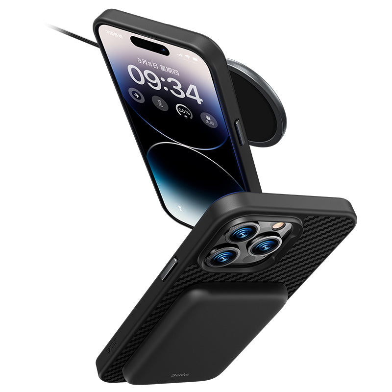 Apple iPhone 14 Plus Kılıf Karbon Fiber M-safe Şarj Özellikli Benks Hybrid ArmorPro 1500D Kevlar Kapak Siyah