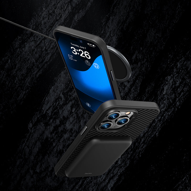 Apple iPhone 14 Plus Kılıf Karbon Fiber M-safe Şarj Özellikli Benks Hybrid ArmorPro 1500D Kevlar Kapak Siyah