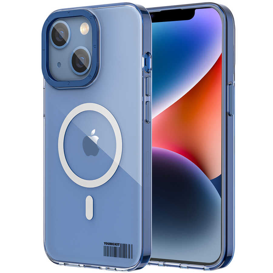 Apple iPhone 14 Plus Kılıf M-safe Şarj Özellikli Youngkit Coloured Glaze Serisi Kapak Mavi