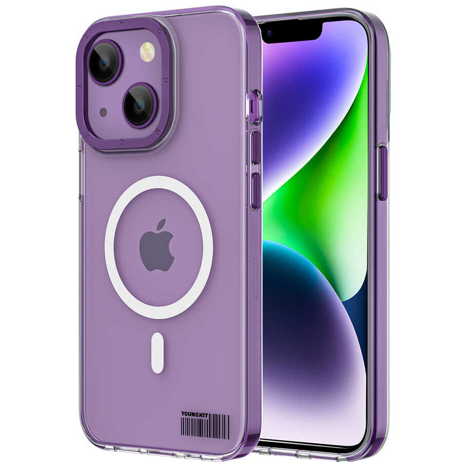Apple iPhone 14 Plus Kılıf M-safe Şarj Özellikli Youngkit Coloured Glaze Serisi Kapak Derin Mor