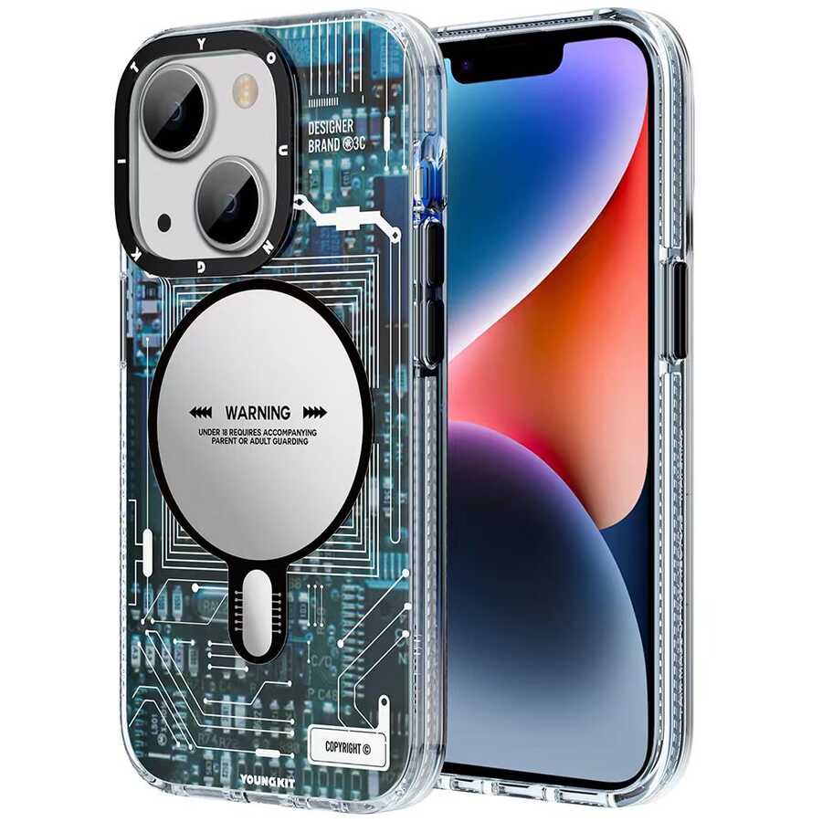 Apple iPhone 14 Plus Kılıf M-safe Şarj Özellikli YoungKit Technology Serisi Kapak Mavi