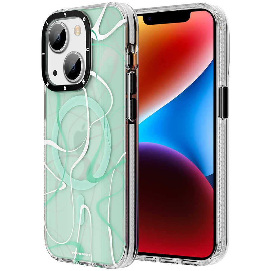Apple iPhone 14 Plus Kılıf M-safe Şarj Özellikli Youngkit Water-Ink Serisi Kapak Yeşil