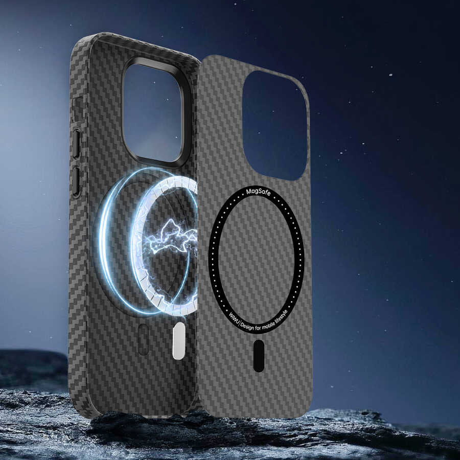 Apple iPhone 14 Plus Kılıf Wiwu Karbon Fiber Görünümlü M-safe Wireless Şarj Özellikli Kabon Kapak Mavi