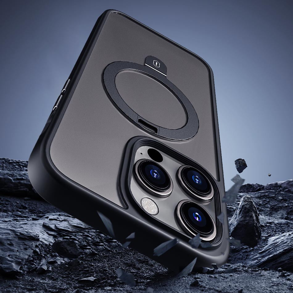 Apple iPhone 14 Plus Kılıf Wiwu ZMM-010 M-safe Şarj Özellikli Parmak İzi Bırakmayan Mat Transparan Standlı Kapak Siyah