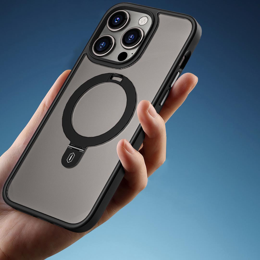 Apple iPhone 14 Plus Kılıf Wiwu ZMM-010 M-safe Şarj Özellikli Parmak İzi Bırakmayan Mat Transparan Standlı Kapak Derin Mor