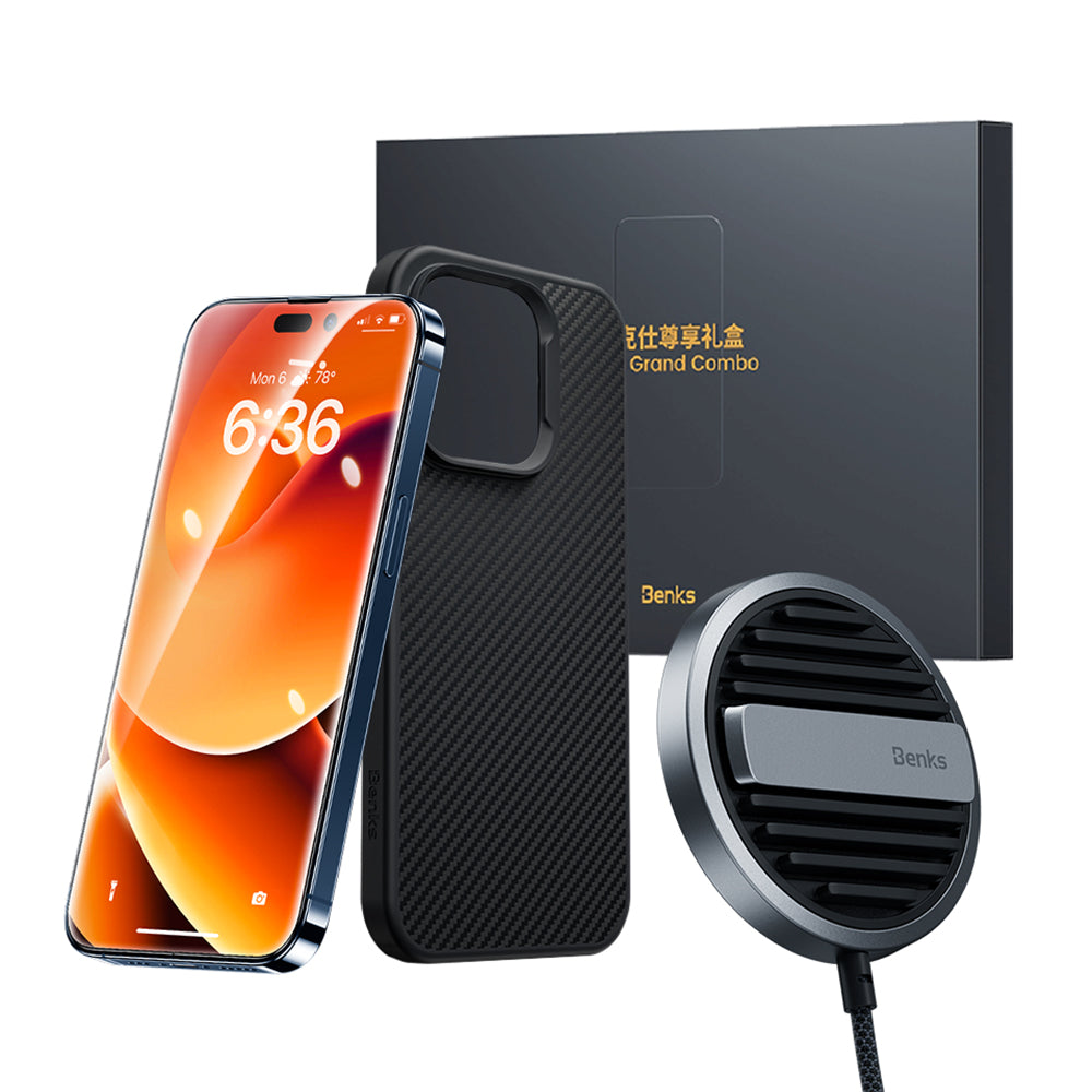 Apple iPhone 14 Pro Benks Grand Combo MFM01 3in1 Aksesuar Seti Kılıf-Ekran Koruyucu-Wireless Şarj Aleti Siyah