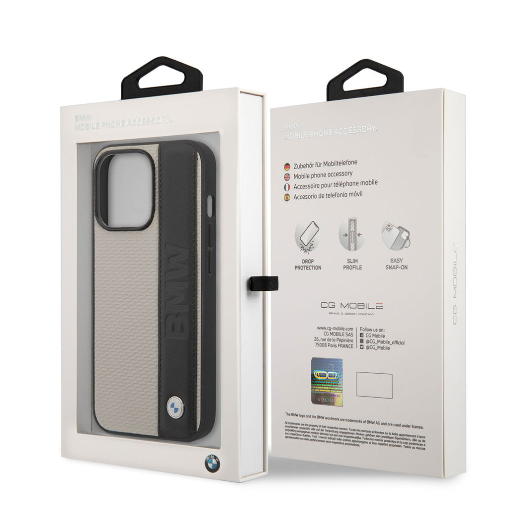 Apple iPhone 14 Pro Kılıf BMW Orjinal Lisanslı Deri Dokulu Çizgili Dizayn Kapak Krem