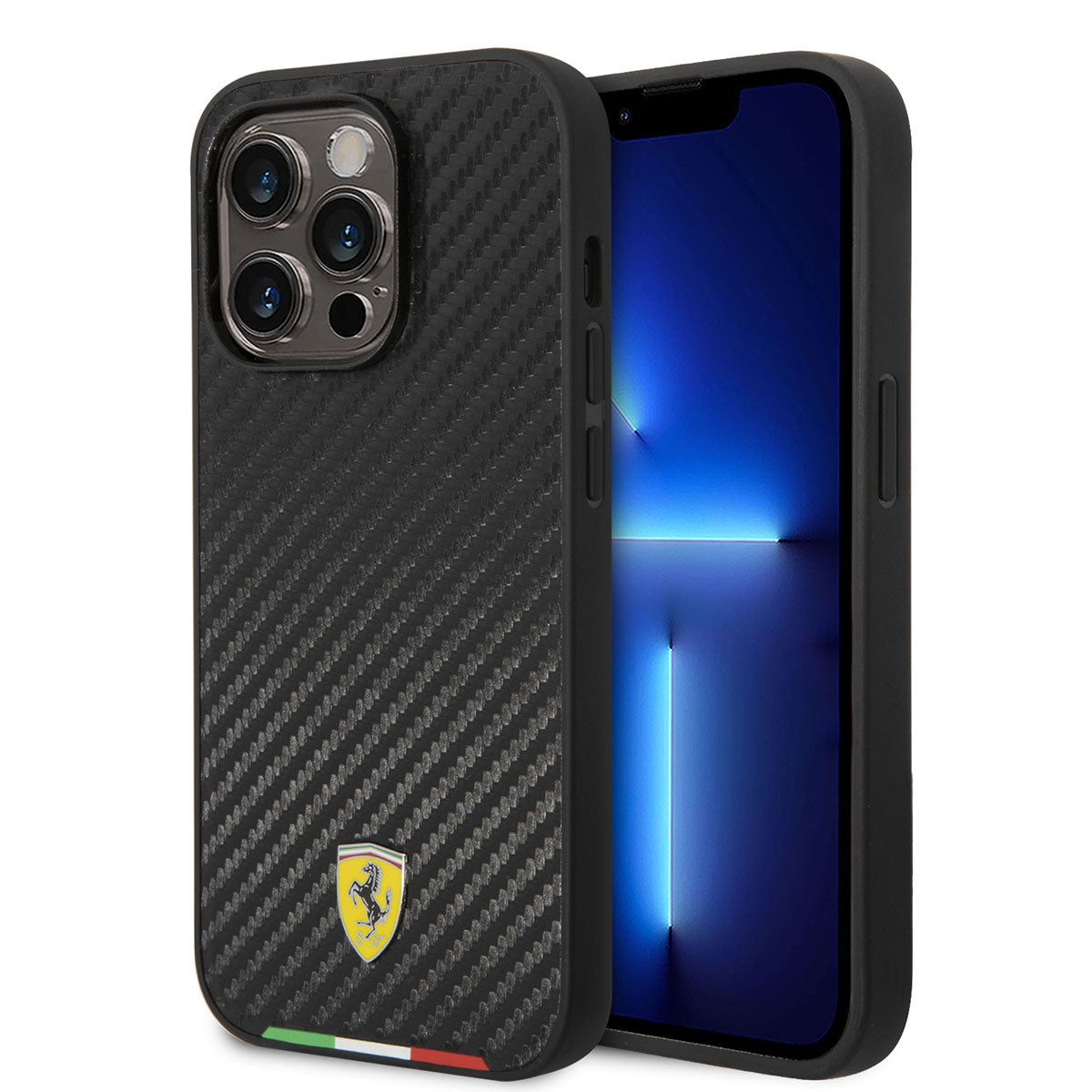 Apple iPhone 14 Pro Kılıf Ferrari M-safe Şarj Özellikli Karbon İtalyan Bayrak Dizayn Kapak Siyah