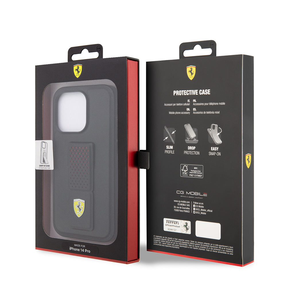 Apple iPhone 14 Pro Kılıf Ferrari Orjinal Lisanlı Klasik Metal Logolu Delikli Standlı Deri Kapak Kırmızı