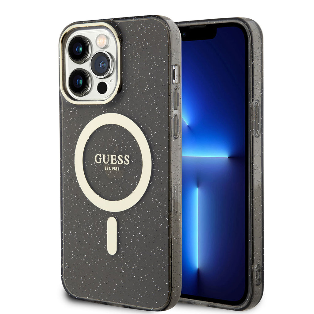 Apple iPhone 14 Pro Kılıf GUESS M-safe Şarj Özellikli Glitter Kapak Siyah