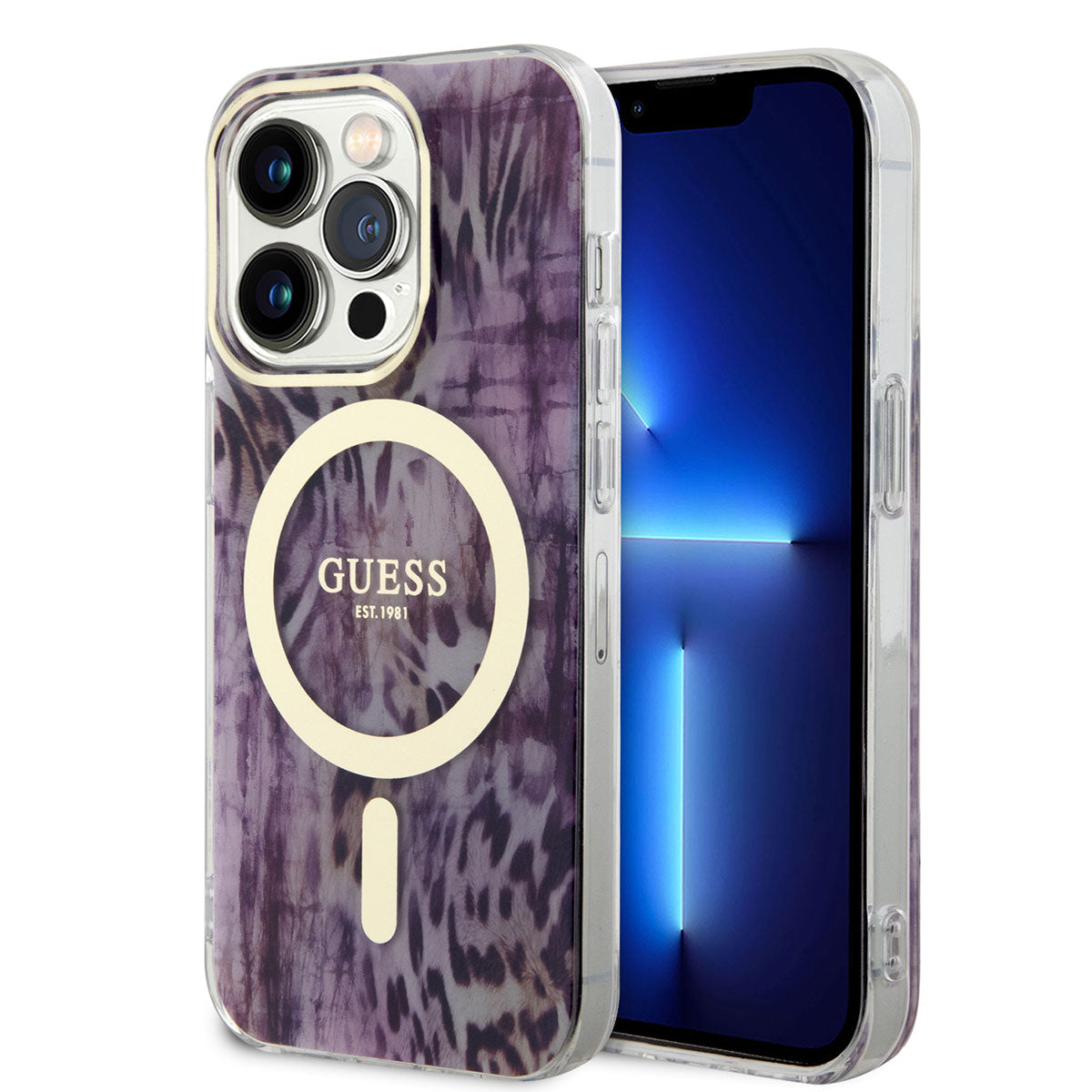 Apple iPhone 14 Pro Kılıf GUESS M-safe Şarj Özellikli Leopar Desenli Kapak Pembe