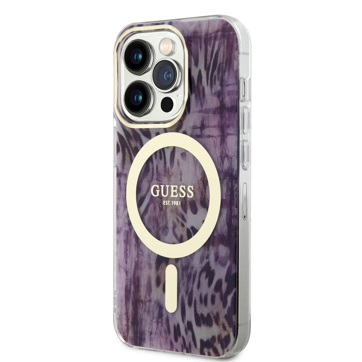 Apple iPhone 14 Pro Kılıf GUESS M-safe Şarj Özellikli Leopar Desenli Kapak Pembe