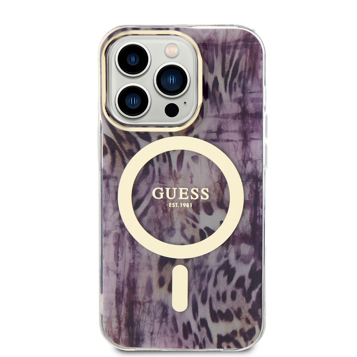 Apple iPhone 14 Pro Kılıf GUESS M-safe Şarj Özellikli Leopar Desenli Kapak Mavi