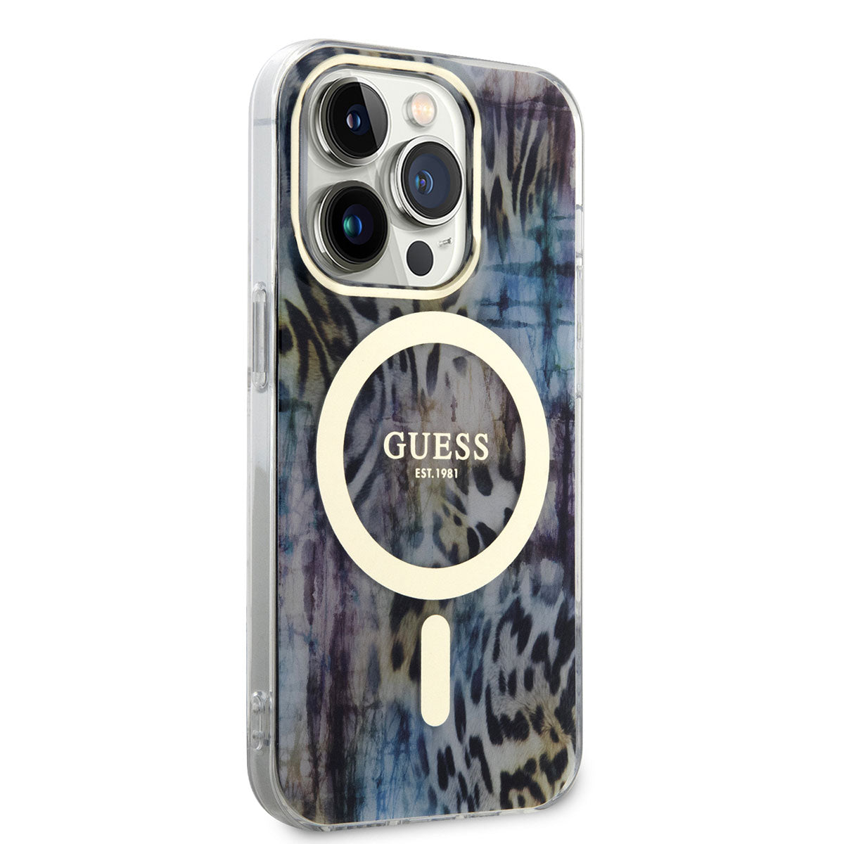 Apple iPhone 14 Pro Kılıf GUESS M-safe Şarj Özellikli Leopar Desenli Kapak Mavi