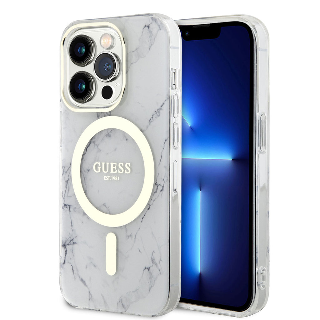 Apple iPhone 14 Pro Kılıf GUESS M-safe Şarj Özellikli Mermer Desenli Kapak Beyaz