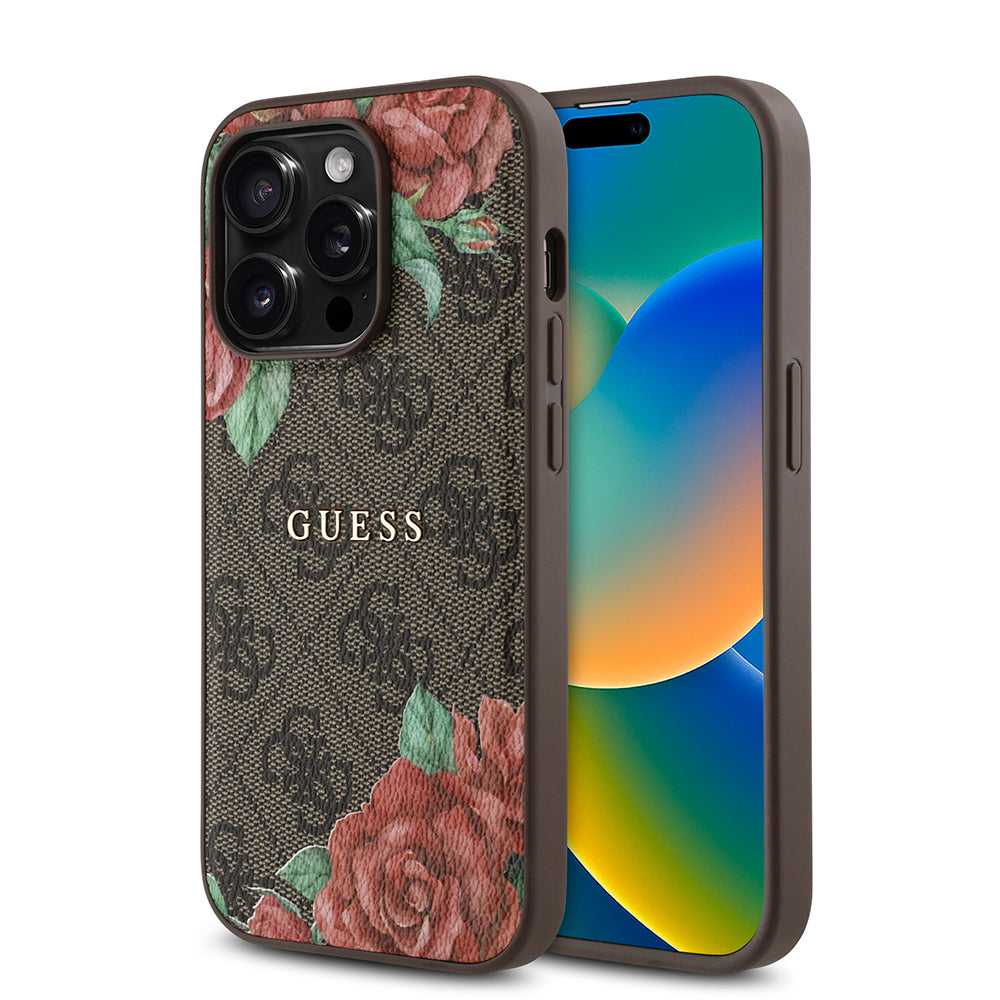 Apple iPhone 14 Pro Kılıf Guess Orjinal Lisanslı M-safe Şarj Özellikli Gül Baskılı 4G Desenli Yazı Logolu Kapak Kahverengi