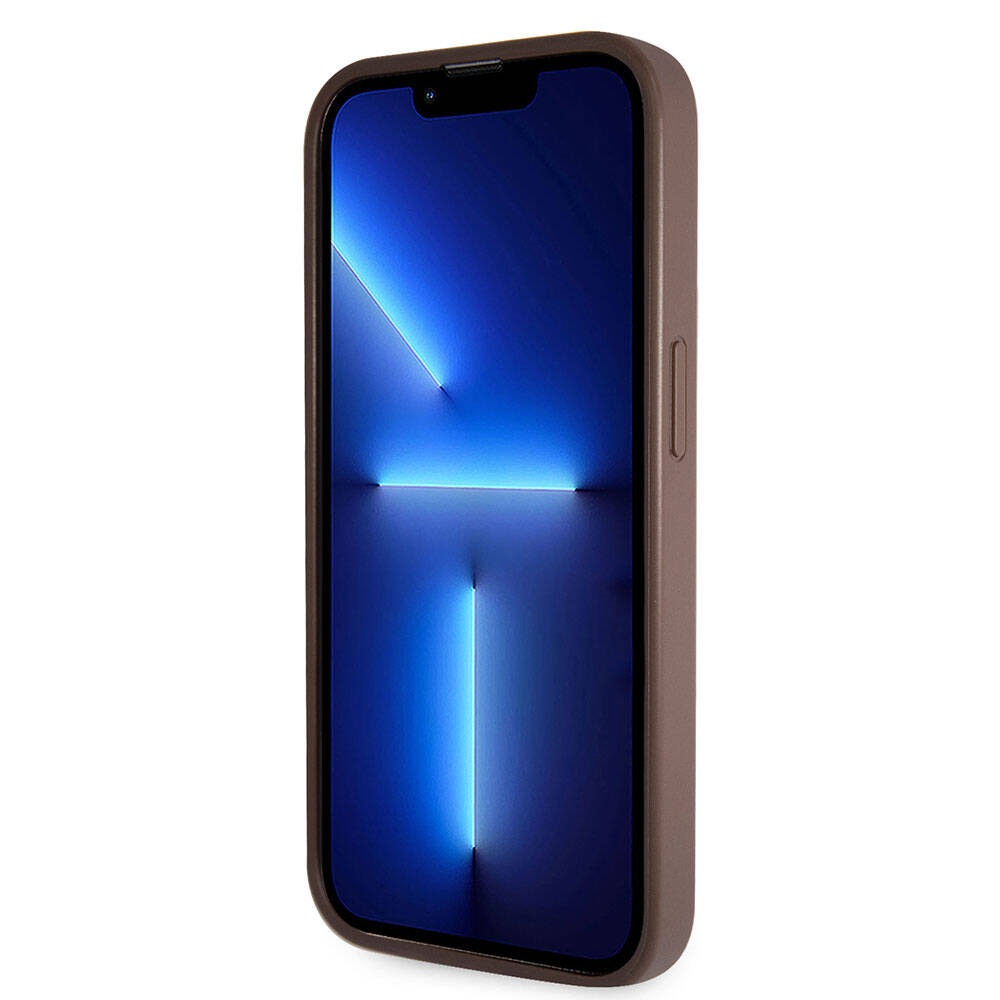 Apple iPhone 14 Pro Kılıf Guess Orjinal Lisanslı PU Deri Taşlı Üçgen Logo 4G Desenli Kapak Kahverengi