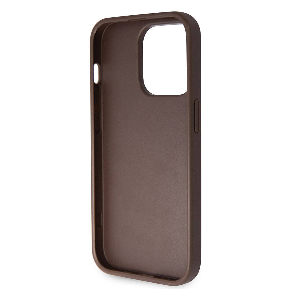 Apple iPhone 14 Pro Kılıf Guess Orjinal Lisanslı PU Deri Taşlı Üçgen Logo 4G Desenli Kapak Kahverengi