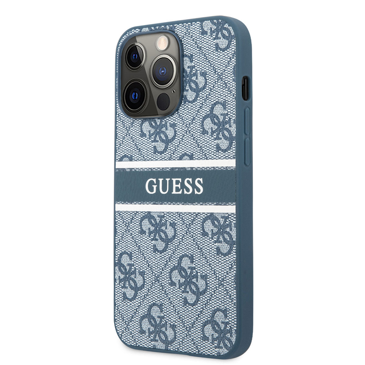 Apple iPhone 14 Pro Kılıf GUESS PU Deri Çizgili Logo Dizaynlı Kapak Mavi
