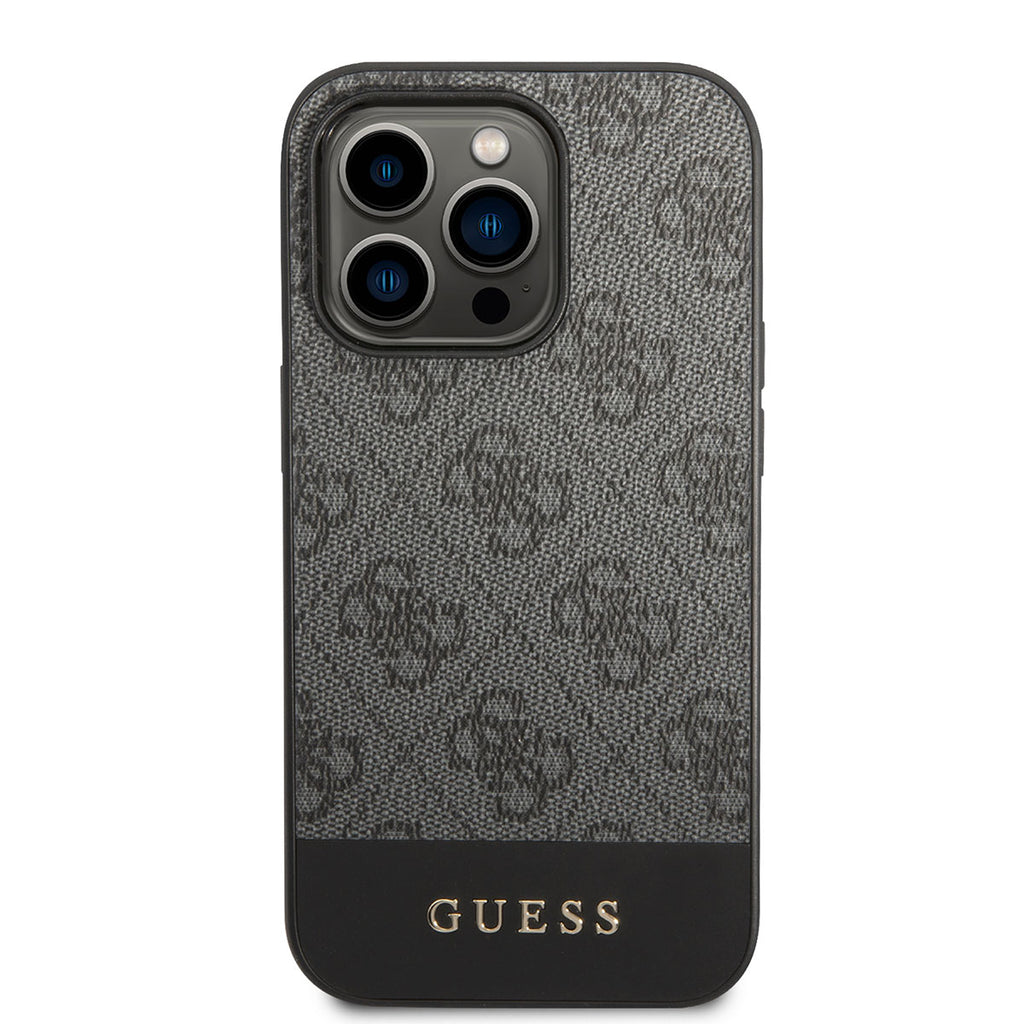 Apple iPhone 14 Pro Kılıf GUESS PU Deri Şerit Logo Dizaynlı Kapak Gri