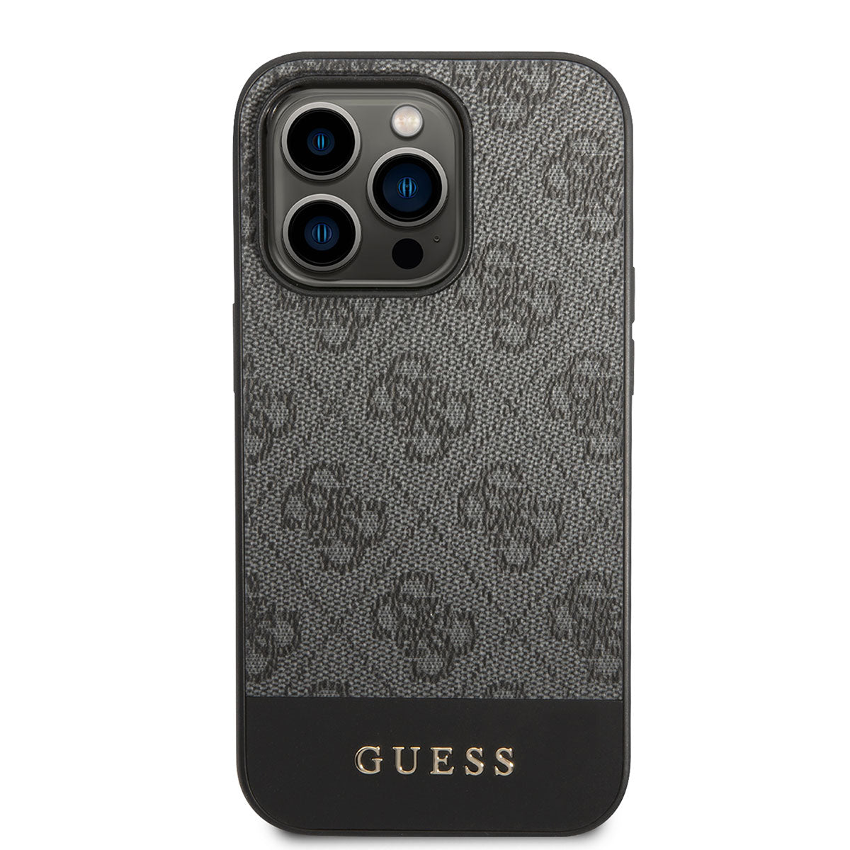 Apple iPhone 14 Pro Kılıf GUESS PU Deri Şerit Logo Dizaynlı Kapak Gri