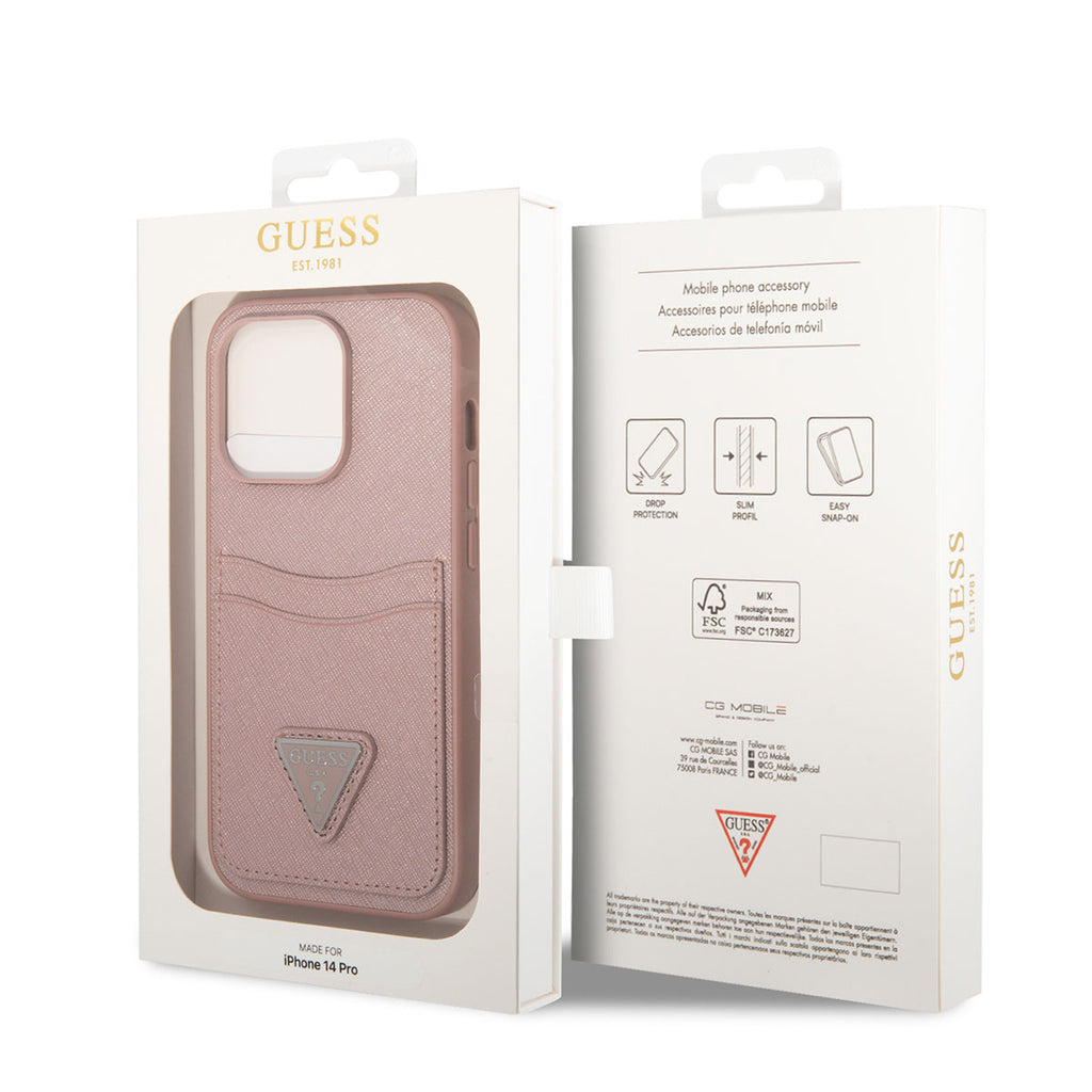 Apple iPhone 14 Pro Kılıf GUESS PU Safran Deri Kartlıklı Dizayn Kapak Pembe