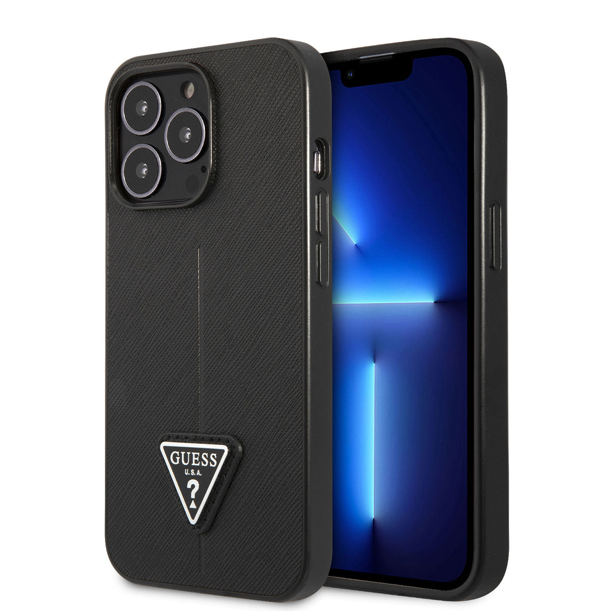 Apple iPhone 14 Pro Kılıf GUESS PU Safran Deri Üçgen Logo Dizayn Kapak Siyah