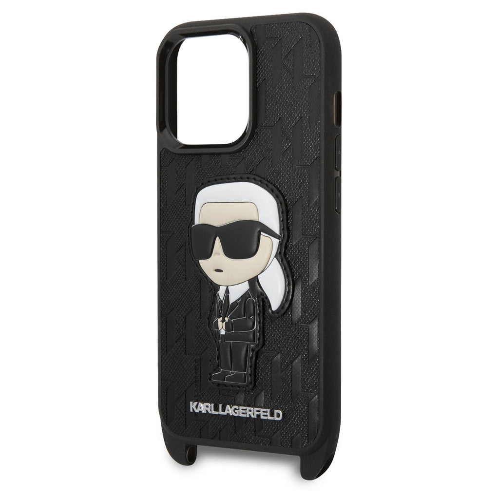 Apple iPhone 14 Pro Kılıf Karl Lagerfeld Boyun Askılı Karl Dizayn Kapak Siyah