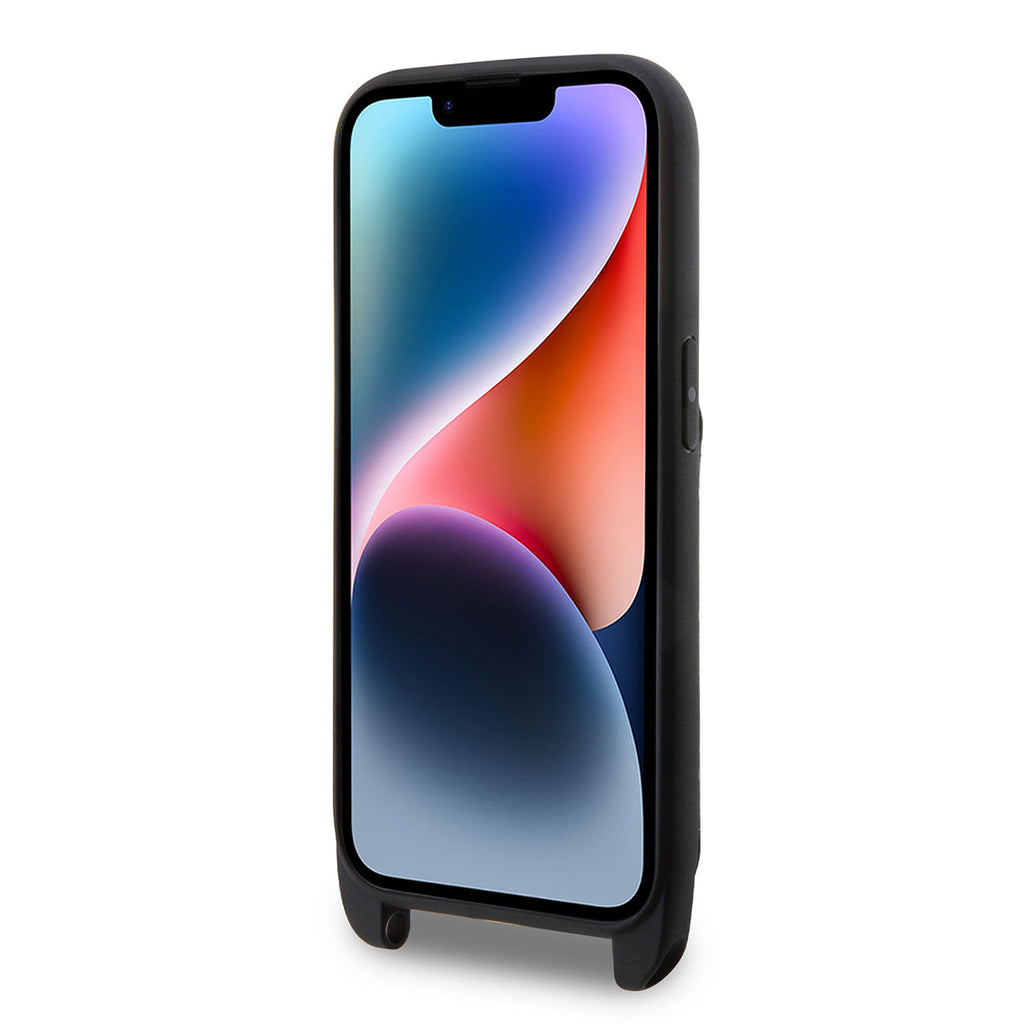 Apple iPhone 14 Pro Kılıf Karl Lagerfeld Boyun Askılı Kartlıklı Karl Dizayn Kapak Siyah