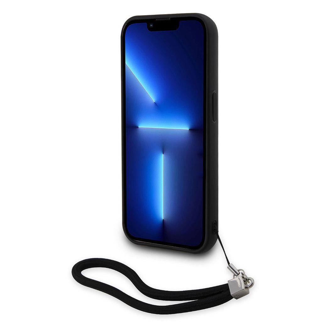 Apple iPhone 14 Pro Kılıf Karl Lagerfeld El Askısı İpli Hareketli Pullu Dizayn Kapak Siyah-Gümüş