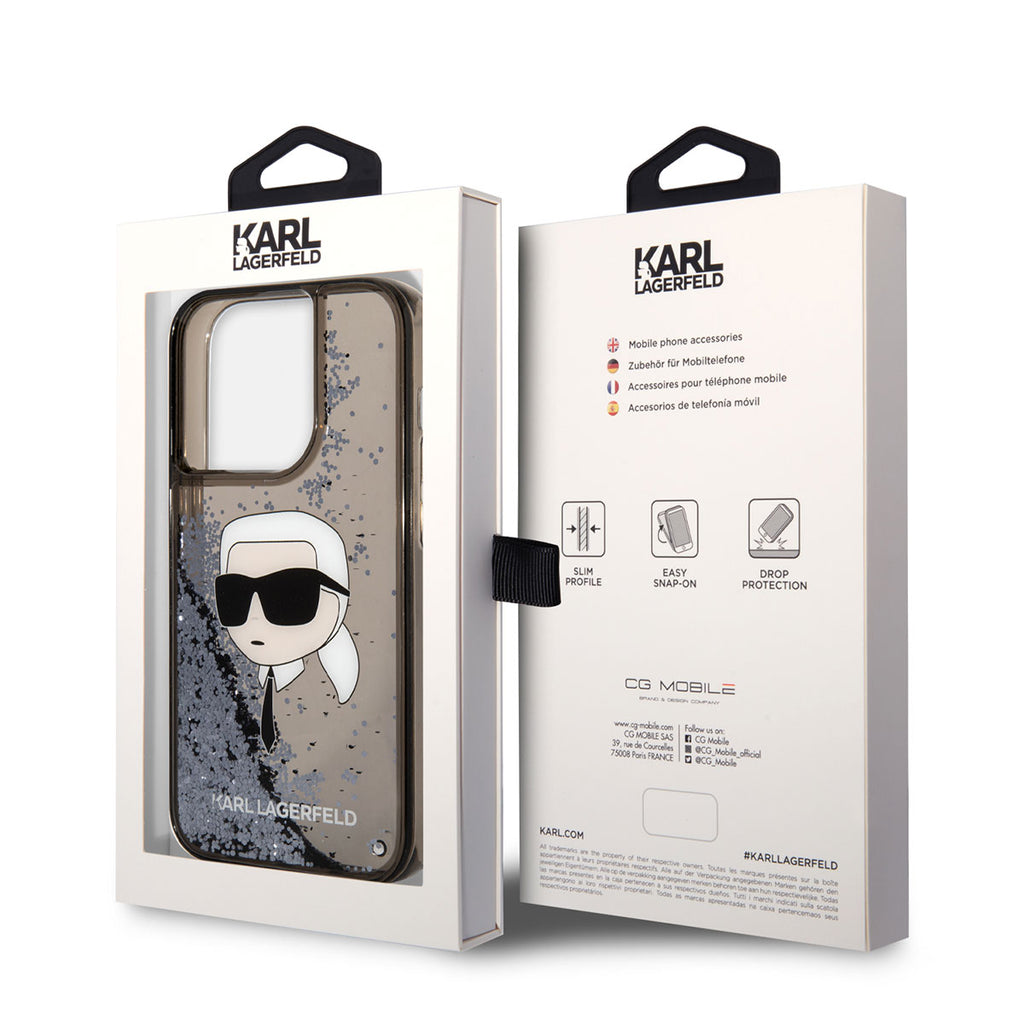Apple iPhone 14 Pro Kılıf Karl Lagerfeld Sıvılı Simli Karl Head Dizayn Kapak Siyah