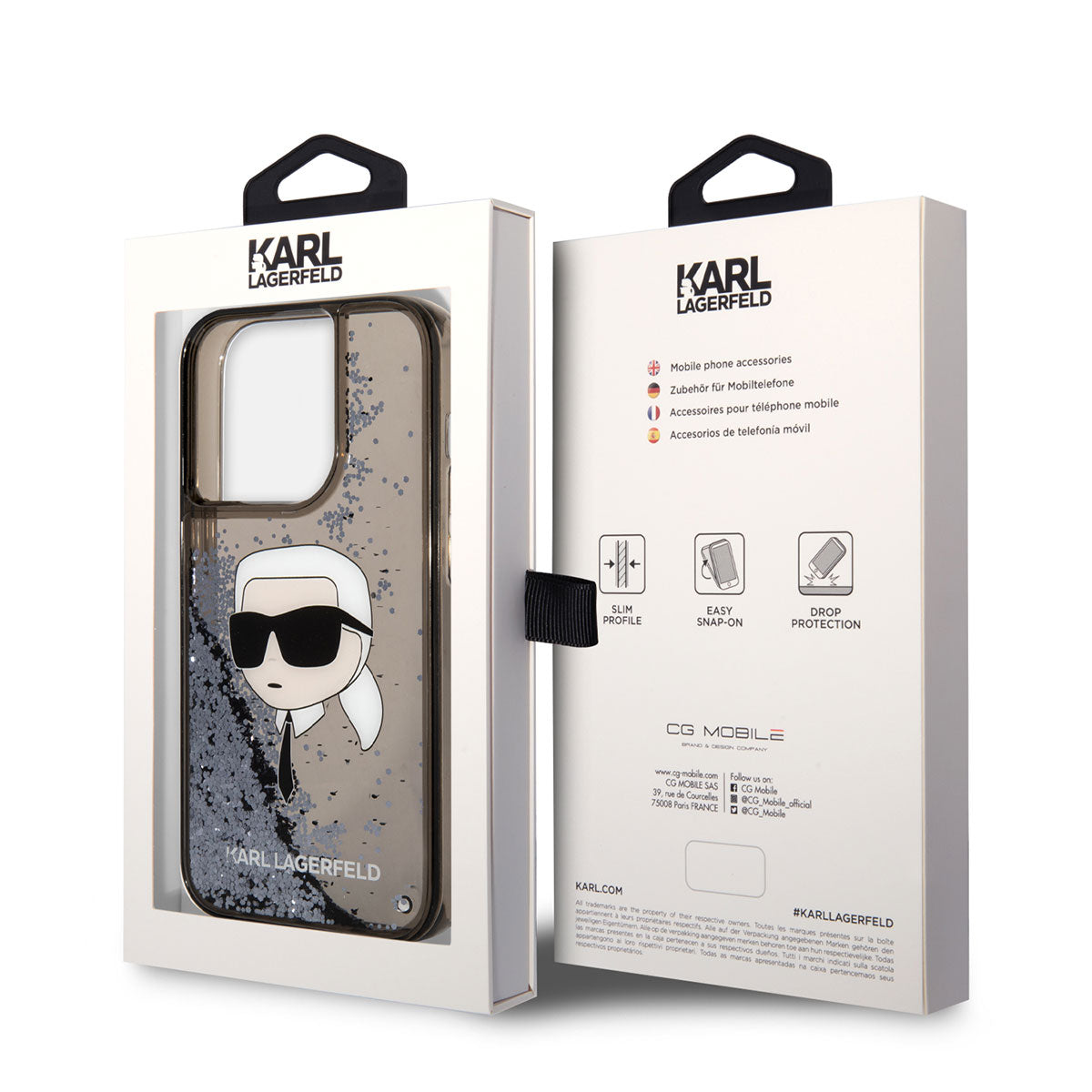 Apple iPhone 14 Pro Kılıf Karl Lagerfeld Sıvılı Simli Karl Head Dizayn Kapak Siyah