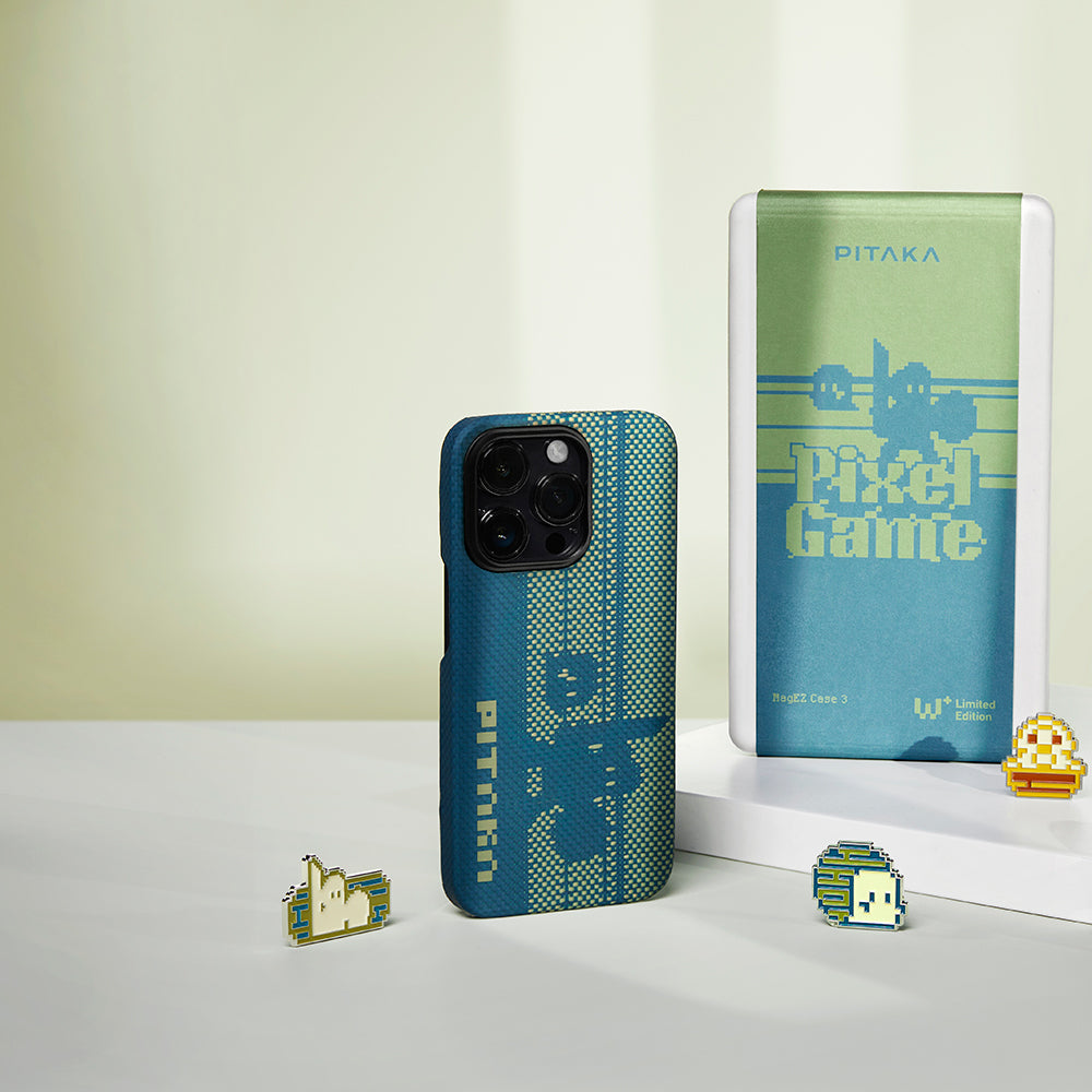 Apple iPhone 14 Pro Kılıf M-safe Şarj Özellikli Aramid Fiber Pitaka Tactile Woven Pixel Game Kapak Yeşil-Mavi