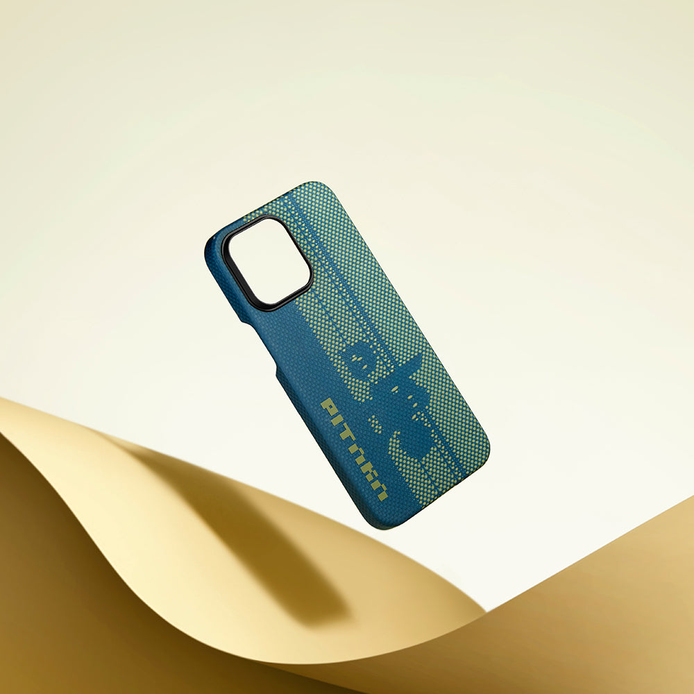 Apple iPhone 14 Pro Kılıf M-safe Şarj Özellikli Aramid Fiber Pitaka Tactile Woven Pixel Game Kapak Yeşil-Mavi