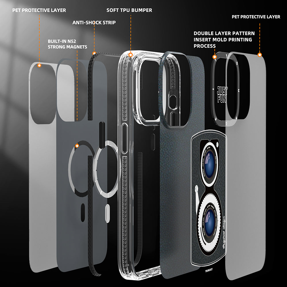 Apple iPhone 14 Pro Kılıf M-safe Şarj Özellikli Lens Figürlü YoungKit Art Film Serisi Kapak Siyah