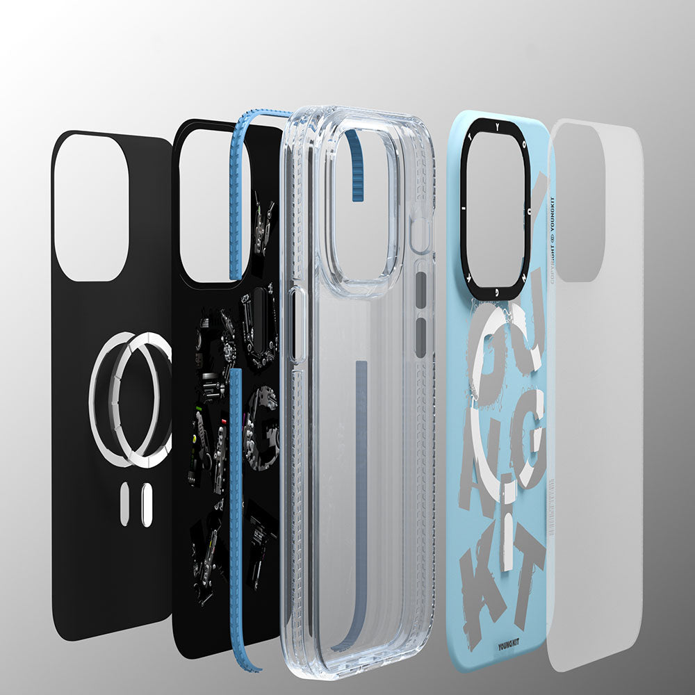 Apple iPhone 14 Pro Kılıf M-safe Şarj Özellikli Yazı Temalı YoungKit Mechanic Serisi Kapak Mavi