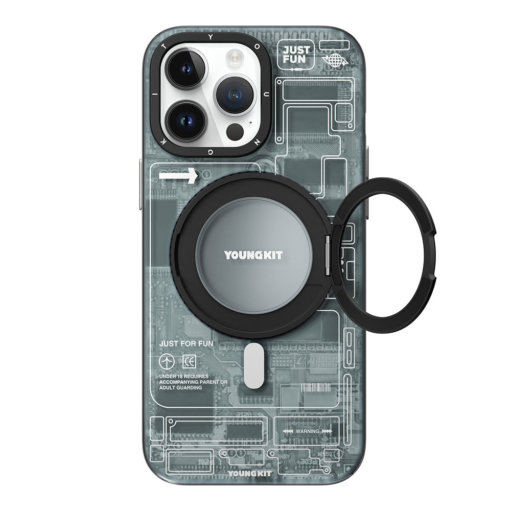 Apple iPhone 14 Pro Kılıf M-safe Şarj Özellikli Youngkit 360° Standlı Technology Serisi Kapak Gri