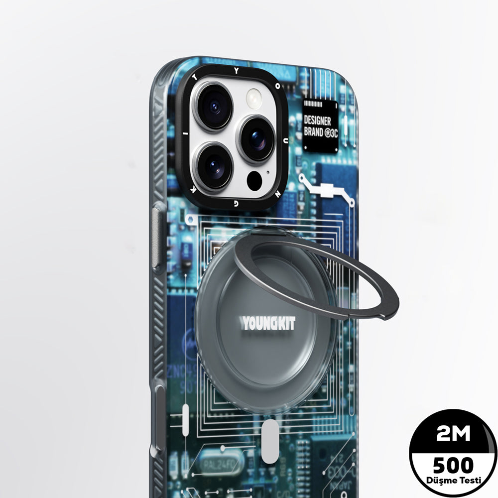 Apple iPhone 14 Pro Kılıf M-safe Şarj Özellikli Youngkit 360° Standlı Technology Serisi Kapak Gri