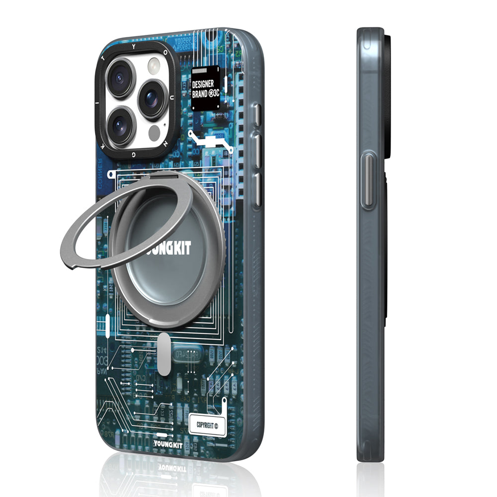 Apple iPhone 14 Pro Kılıf M-safe Şarj Özellikli Youngkit 360° Standlı Technology Serisi Kapak Mavi