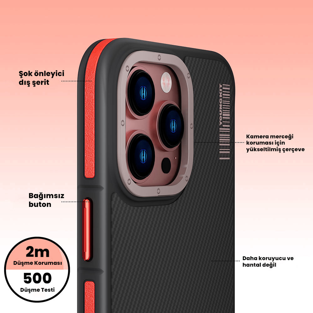 Apple iPhone 14 Pro Kılıf M-safe Şarj Özellikli YoungKit 600D Kevlar Kapak Siyah