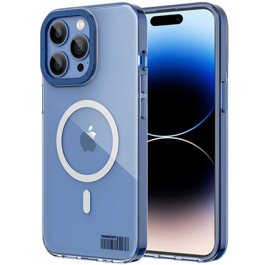 Apple iPhone 14 Pro Kılıf M-safe Şarj Özellikli Youngkit Coloured Glaze Serisi Kapak Mavi
