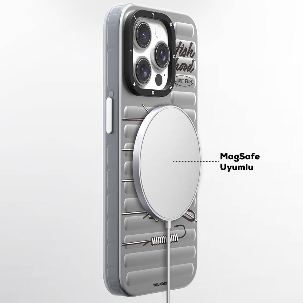 Apple iPhone 14 Pro Kılıf M-safe Şarj Özellikli Youngkit Fishing Serisi Kapak Gri