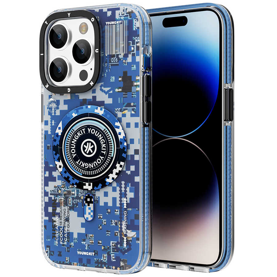 Apple iPhone 14 Pro Kılıf M-safe Şarj Özellikli YoungKit Kamuflaj Serisi Kapak Yeşil