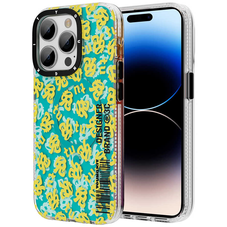 Apple iPhone 14 Pro Kılıf M-safe Şarj Özellikli Youngkit Play Rabbit Serisi Kapak Sarı