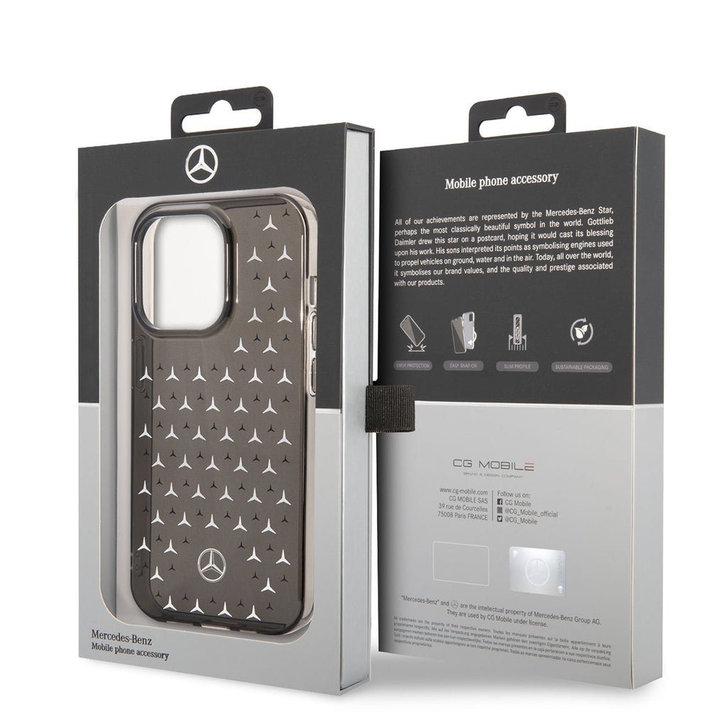 Apple iPhone 14 Pro Kılıf Mercedes Benz Çift Katmanlı Yıldız Desenli Dizayn Kapak Siyah-Gümüş