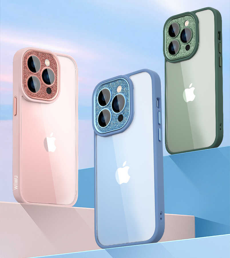 Apple iPhone 14 Pro Kılıf Wiwu GCC-105 Lens Korumalı Renkli Kenar Arkası Şeffaf Multicolor Kapak Pembe