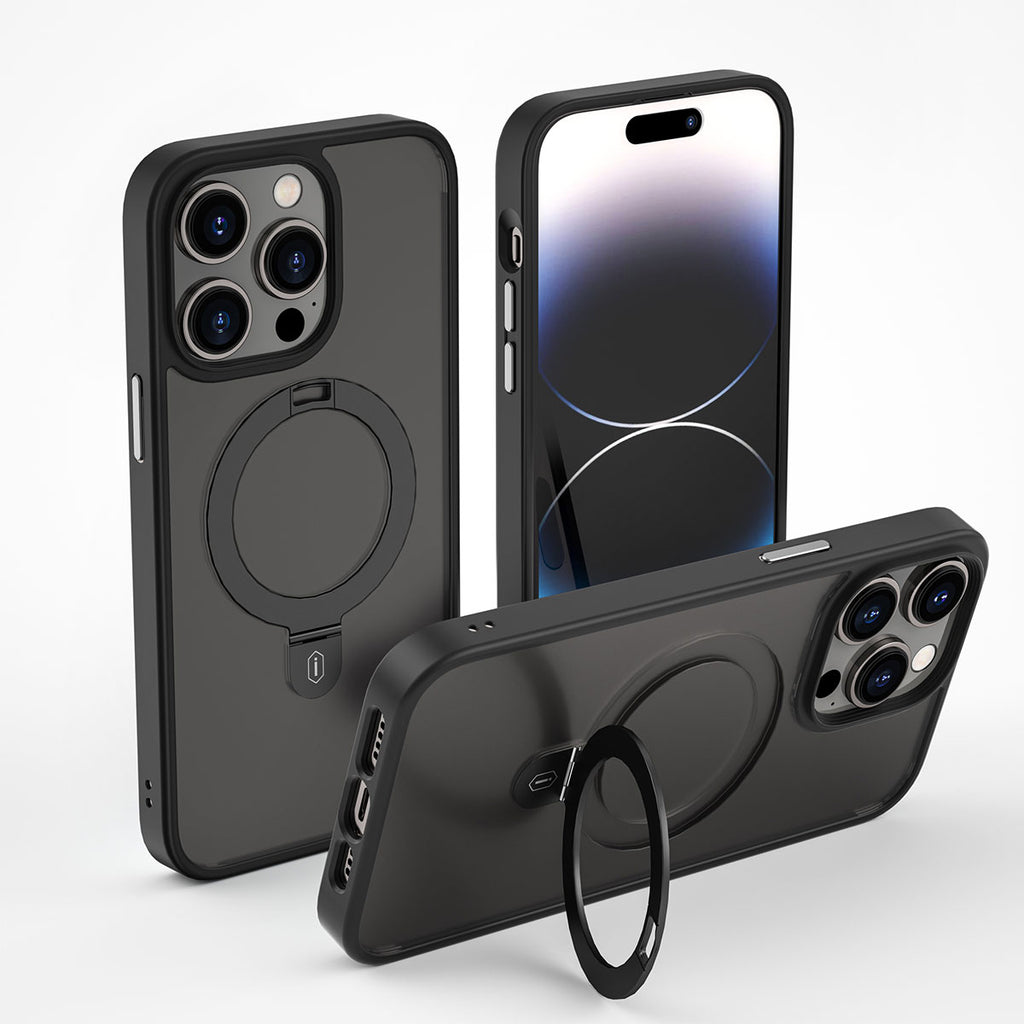 Apple iPhone 14 Pro Kılıf Wiwu ZMM-010 M-safe Şarj Özellikli Parmak İzi Bırakmayan Mat Transparan Standlı Kapak Siyah