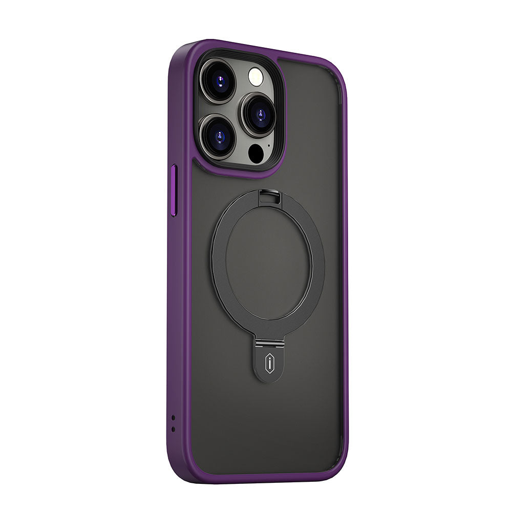 Apple iPhone 14 Pro Kılıf Wiwu ZMM-010 M-safe Şarj Özellikli Parmak İzi Bırakmayan Mat Transparan Standlı Kapak Derin Mor